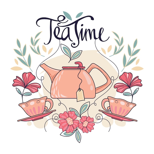 Words tea time with cute tea set and flower Vector Premium Download