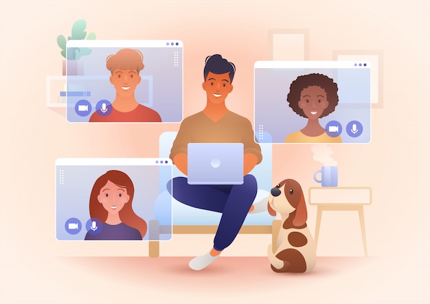 Work from home, and new normal concept illustration with young smiling  people meeting via video call app. | Premium Vector