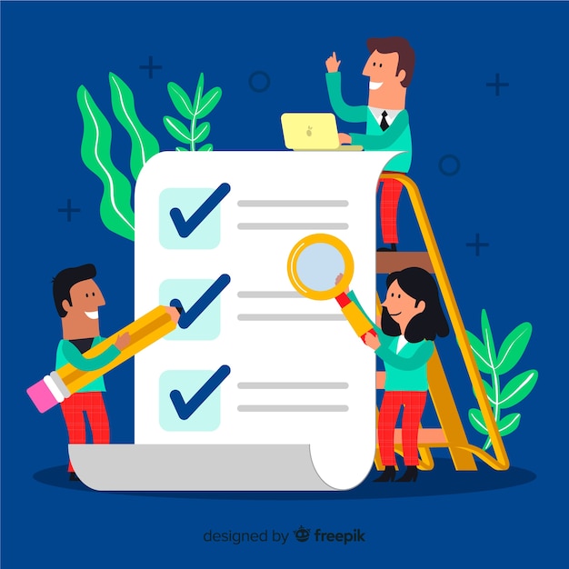 Work team checking giant check list Free Vector