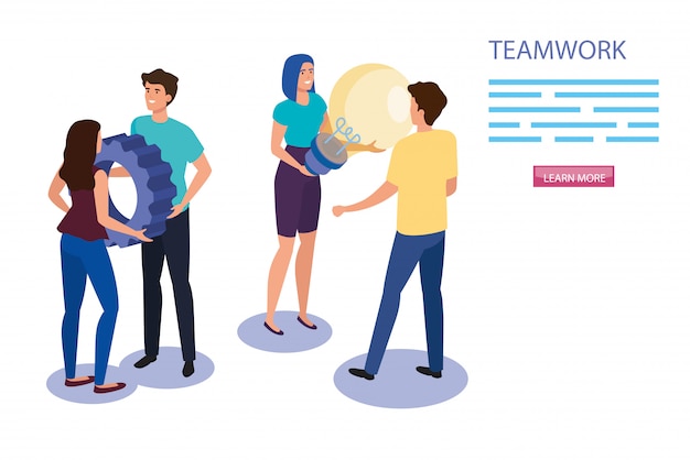 Work team group with gear and light bulb Free Vector
