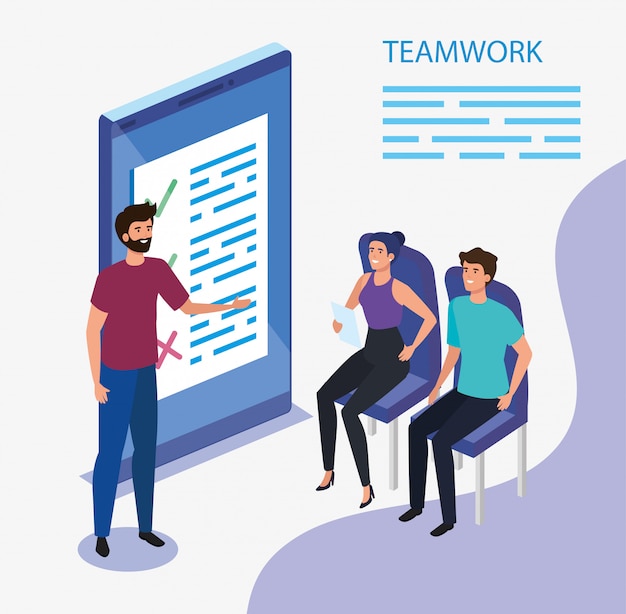 Work team group with smartphone device Free Vector