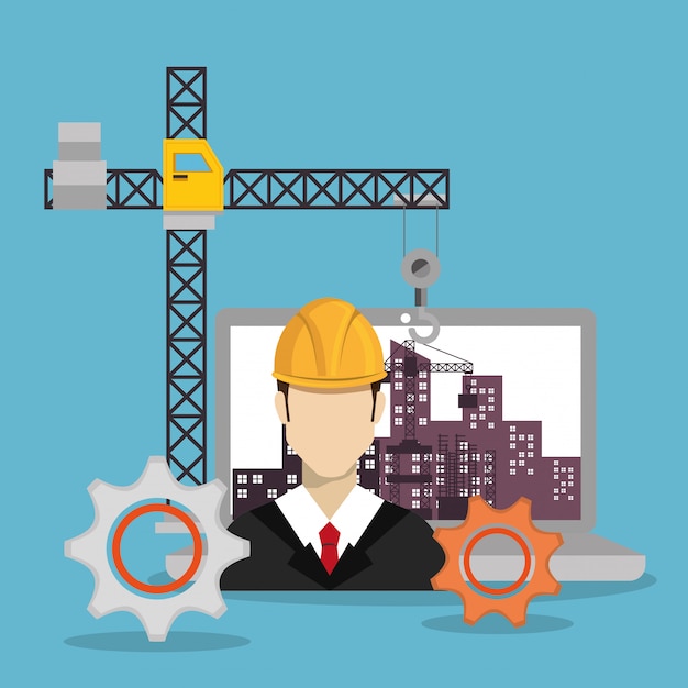 Premium Vector | Worker under construction with laptop