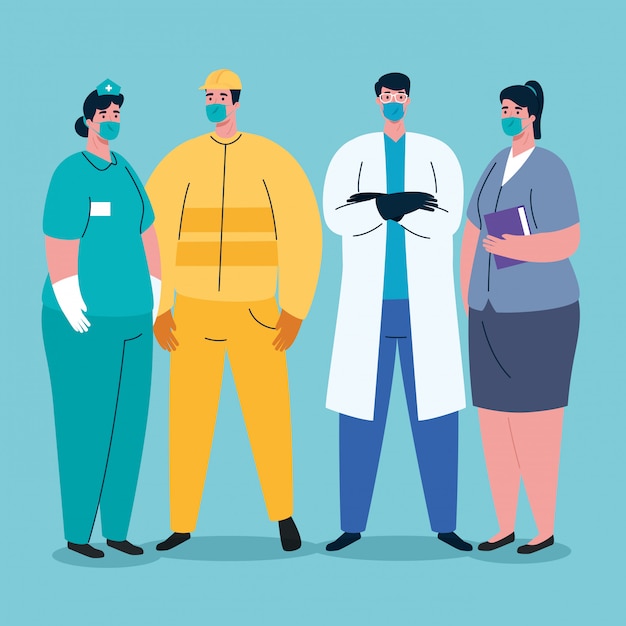 Download Workers group using medical masks for covid 19 pandemic | Premium Vector