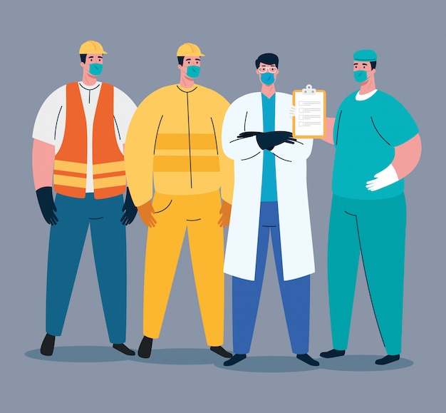 Download Workers group using medical masks for covid 19 pandemic | Premium Vector