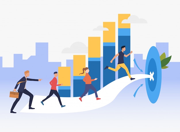 Workers running to target with bar chart in background Free Vector