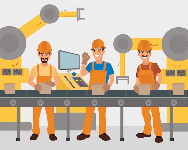 Premium Vector | Workers work on the conveyor. production conveyor.