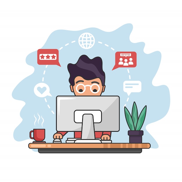 Working from. man sitting in front of the monitor Premium Vector