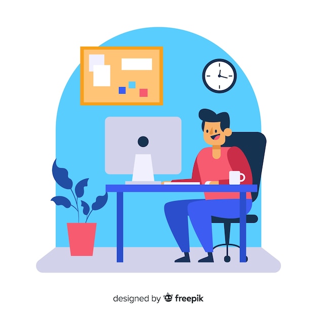 Working Person Sitting At Desk Free Vector