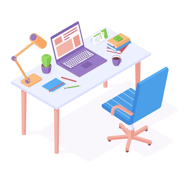 Premium Vector | Working place isometric - office chair standing near ...