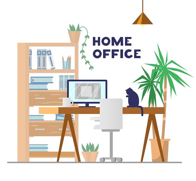 Premium Vector Working Place With Table Computer Cupboard With Books And Stuff Plants Chair And Cat Home Office Illustration