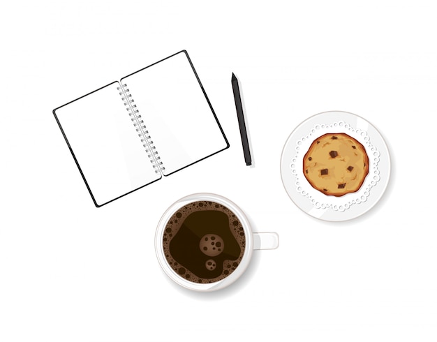 コーヒー チョコレートチップクッキーデザート メモ帳の作業テーブル 日記で思い出を書く ベクトルイラスト分離クッキー プレミアムベクター