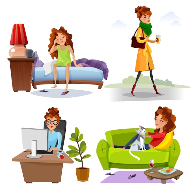 Working woman daily routine flat icons Free Vector