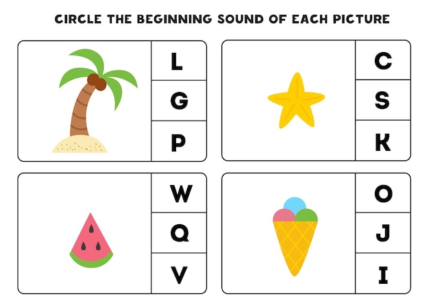 Premium Vector | Worksheet for kids. find the beginning sound of cute