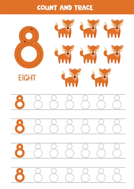 Premium Vector | Worksheet for learning numbers with cute foxes. number 8.