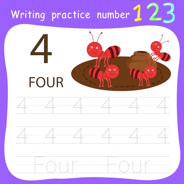 Premium Vector | Worksheet writing practice number four