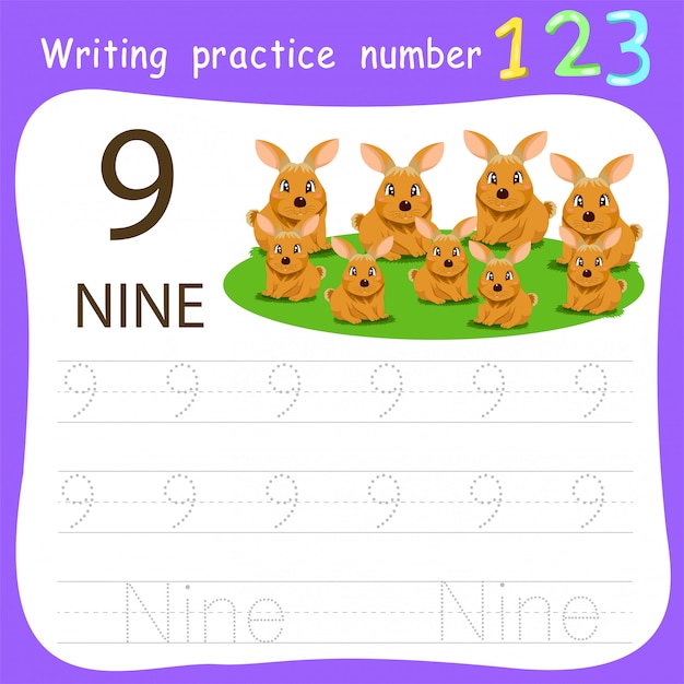 Worksheet writing practice number nine | Premium Vector