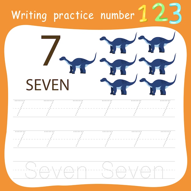 Worksheet writing practice number seven | Premium Vector