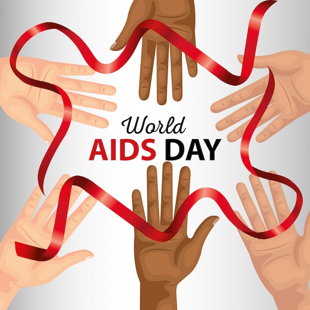 World aids day with hand and ribbon banner Premium Vector