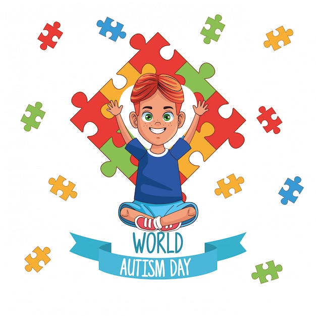 パズルのピースを持つ世界自閉症の日少年ベクトルイラストデザイン プレミアムベクター