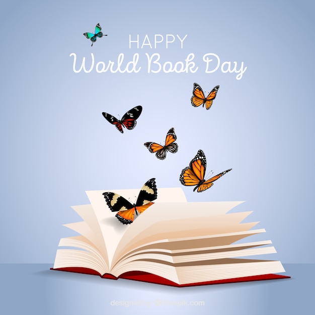 World book day background with butterflies in realistic style ...
