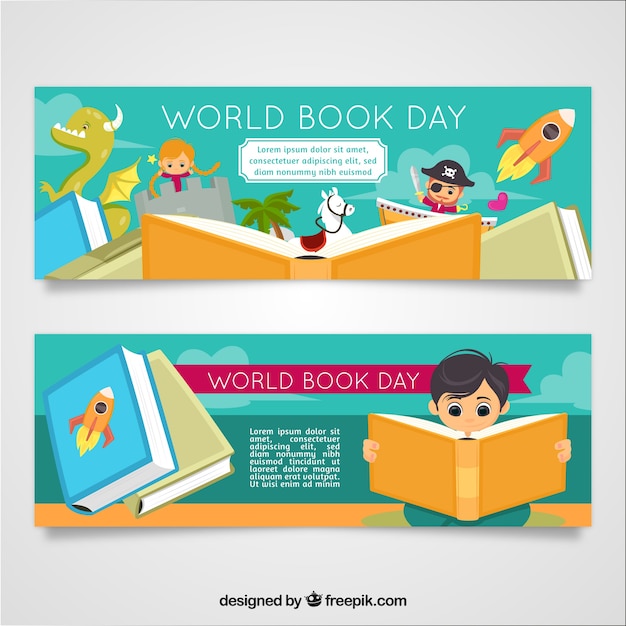 World book day banners with kids | Free Vector