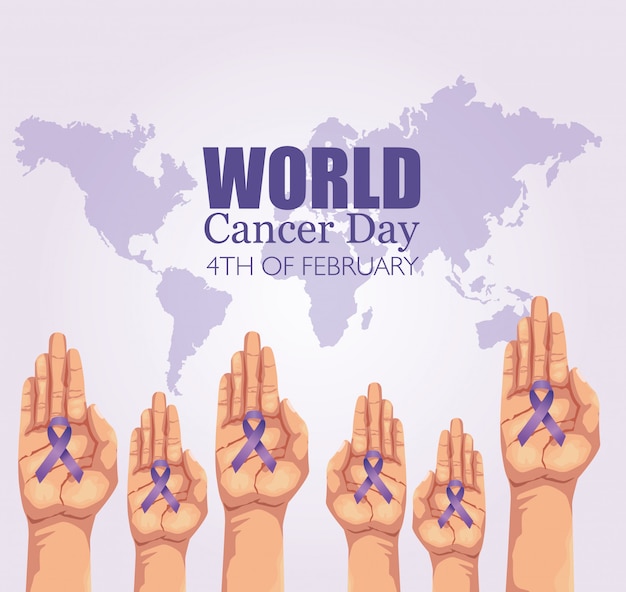 World cancer day poster with hands and ribbon Premium Vector