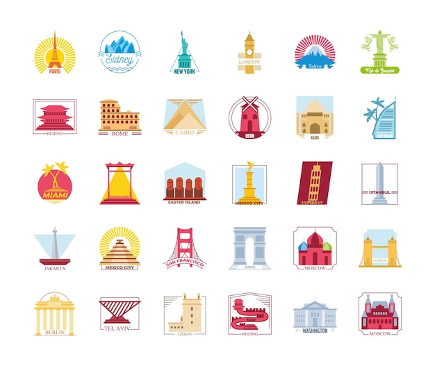 Premium Vector | World city stamps collection design, travel tourism ...