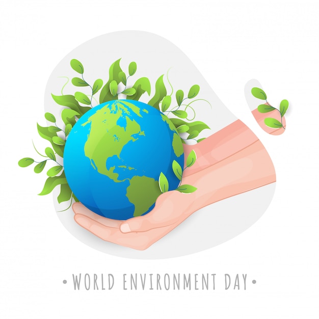 葉で覆われた母なる地球を守る人間の手で世界環境デーイラスト プレミアムベクター