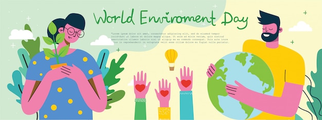 地球を持っている人と世界環境デーのポスター 環境グリーンエココンセプトを保護します モダンなフラットスタイルの緑と平和のイラスト プレミアムベクター