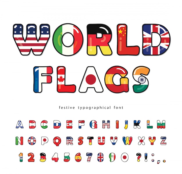 Premium Vector World Flags Cartoon Font Bright Alphabet