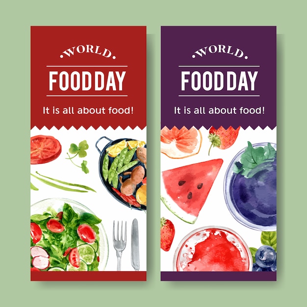 無料のベクター サラダとフルーツドレッシングの水彩イラストの世界食糧日チラシ