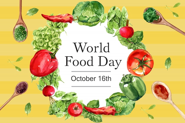 チリ トマト バジル 葉の水彩イラストの世界食糧日フレーム 無料のベクター