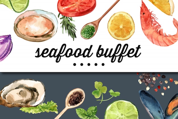 World food day frame with oyster, lime, shrimp, lemon watercolor illustration. Free Vector