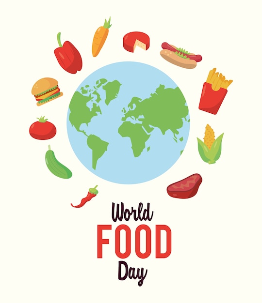 地球の惑星のイラストデザインの周りの食べ物と世界食料デーのレタリングポスター プレミアムベクター