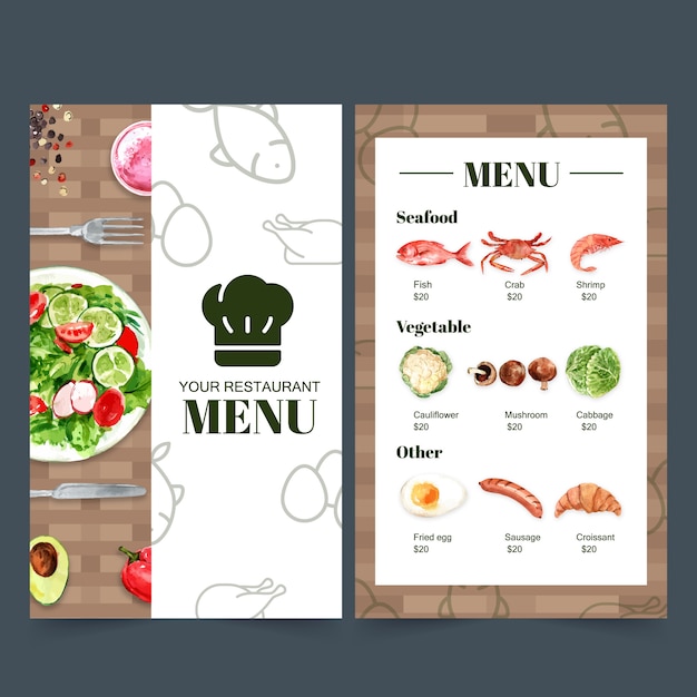 レストランの世界の食の日メニューコレクション 食品の水彩イラスト 無料のベクター