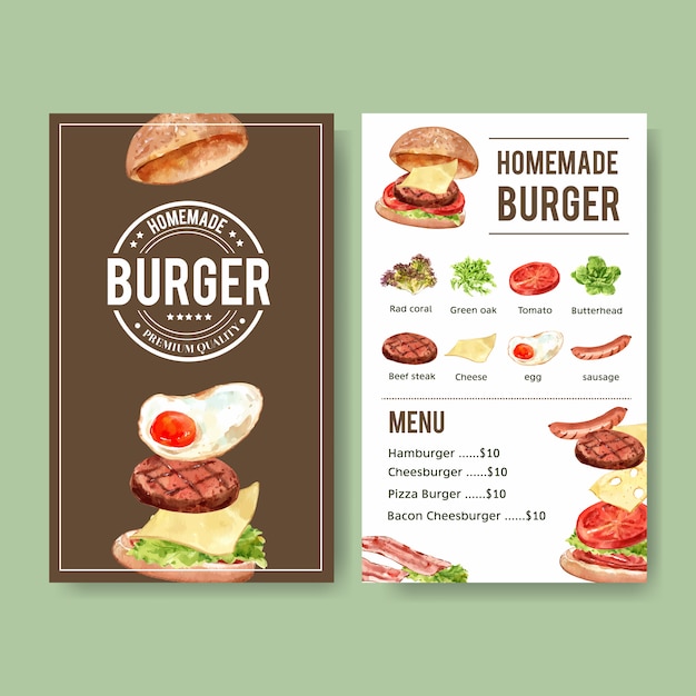 ハンバーガー ビーフステーキ ソーセージの水彩イラストの世界食糧日メニュー 無料のベクター
