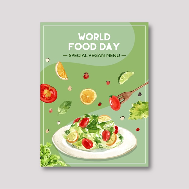 サラダ トマト レモン ライム ミントの水彩イラストの世界食糧日ポスター 無料のベクター