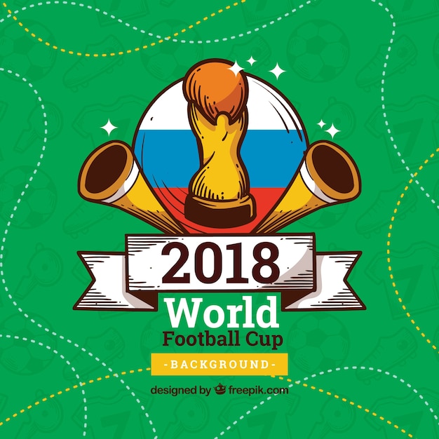 World football cup background with trophy in\
hand drawn style