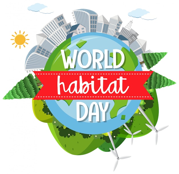 Premium Vector World habitat day icon logo with towns or city on globe