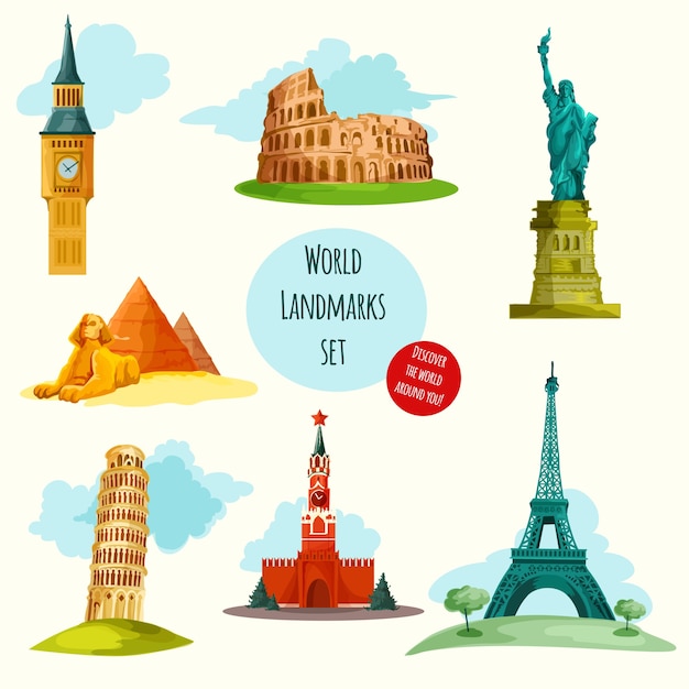 Landmarks World Map Vector Cartoon Illustration World Vector Poster ...