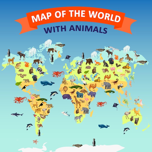 世界地図動物の概念の背景 世界地図動物のベクトルの概念の背景の漫画イラスト プレミアムベクター
