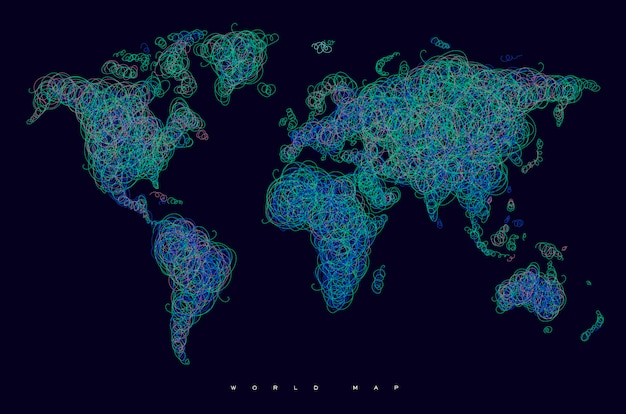 黒い背景に緑と青の線がついた世界地図描画 プレミアムベクター