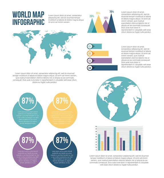 World map infographic chart statistics percent graphs | Premium Vector