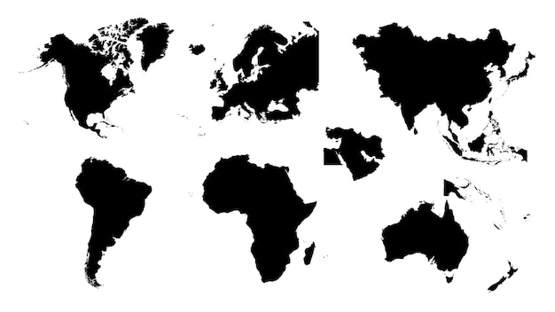 白地に黒のシルエット大陸地図の世界地図のセット プレミアムベクター