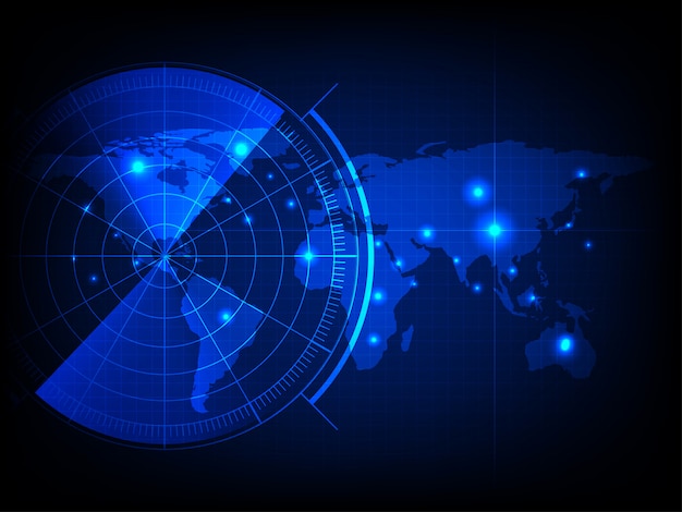 レーダー画面のある世界地図 ターゲットとデジタルブルーレーダー 背景と壁紙として使用する世界地図 プレミアムベクター