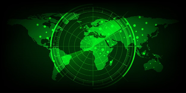 レーダー画面のある世界地図 ターゲットを備えたデジタルグリーンレーダー 背景と壁紙として使用する世界地図 プレミアムベクター