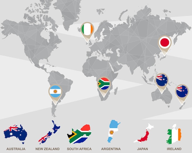 オーストラリア ニュージーランド 南アフリカ アルゼンチン 日本 アイルランドのポインターを含む世界地図 ベクトルイラスト プレミアムベクター