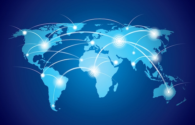 World map with global technology or social connection network with nodes and links vector illustration Free Vector