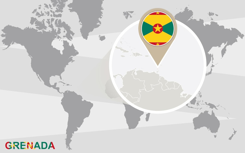 Premium Vector | World map with magnified grenada. grenada flag and map.