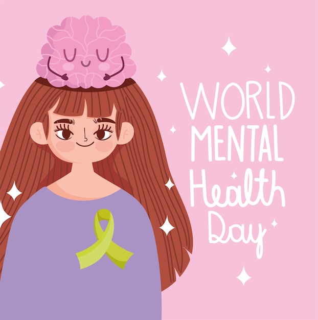 Premium Vector World Mental Health Day Young Woman With Brain Cartoon On Head